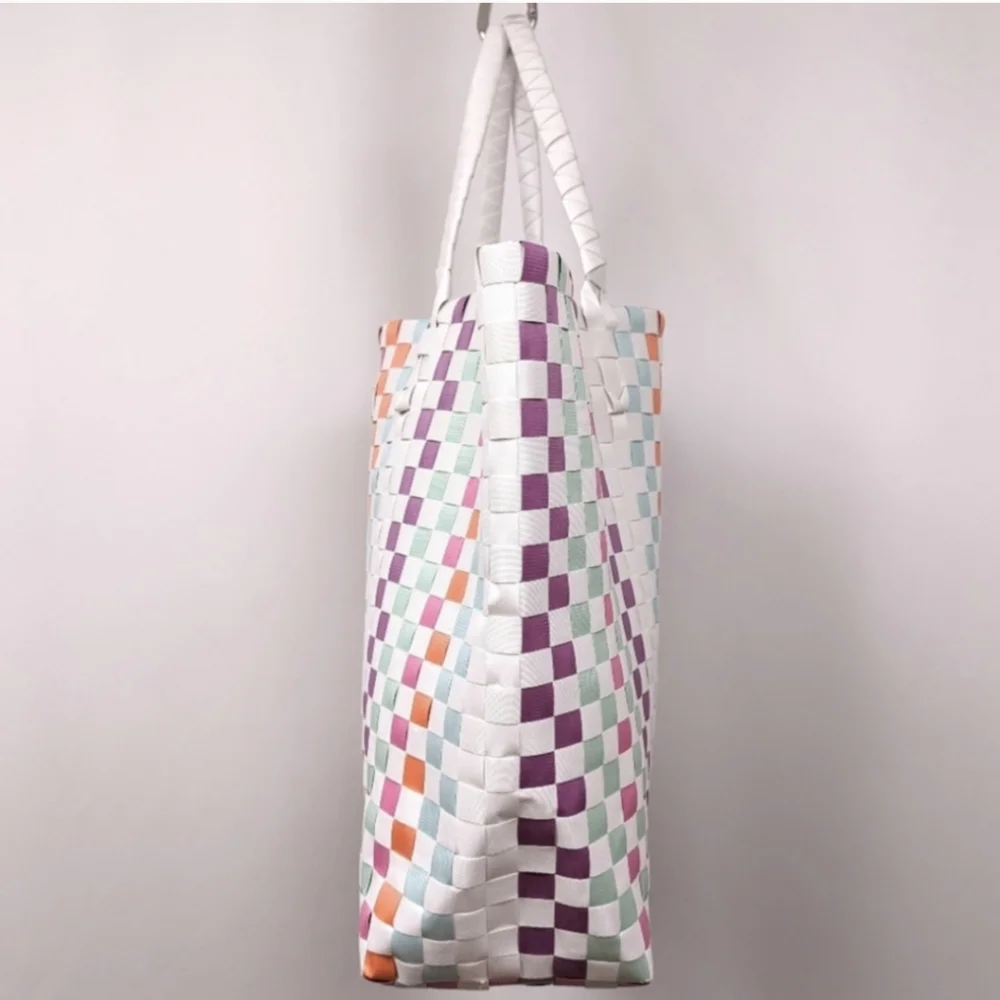 Kate Spade Multicolor Woven Tote Checkerboard Pastel Brights Striped Beach Bag L